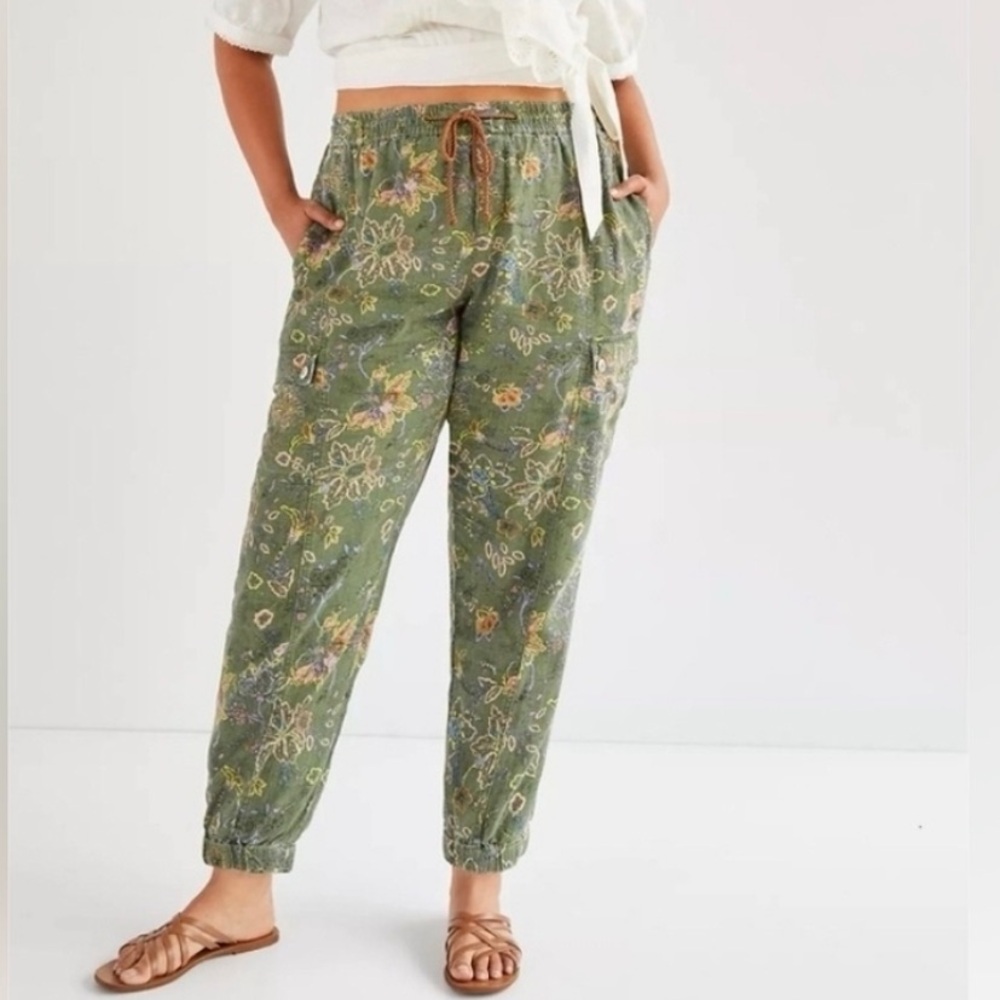 By Anthropologie Floral Classic Seamed Linen‎ Cargo Joggers Green Small